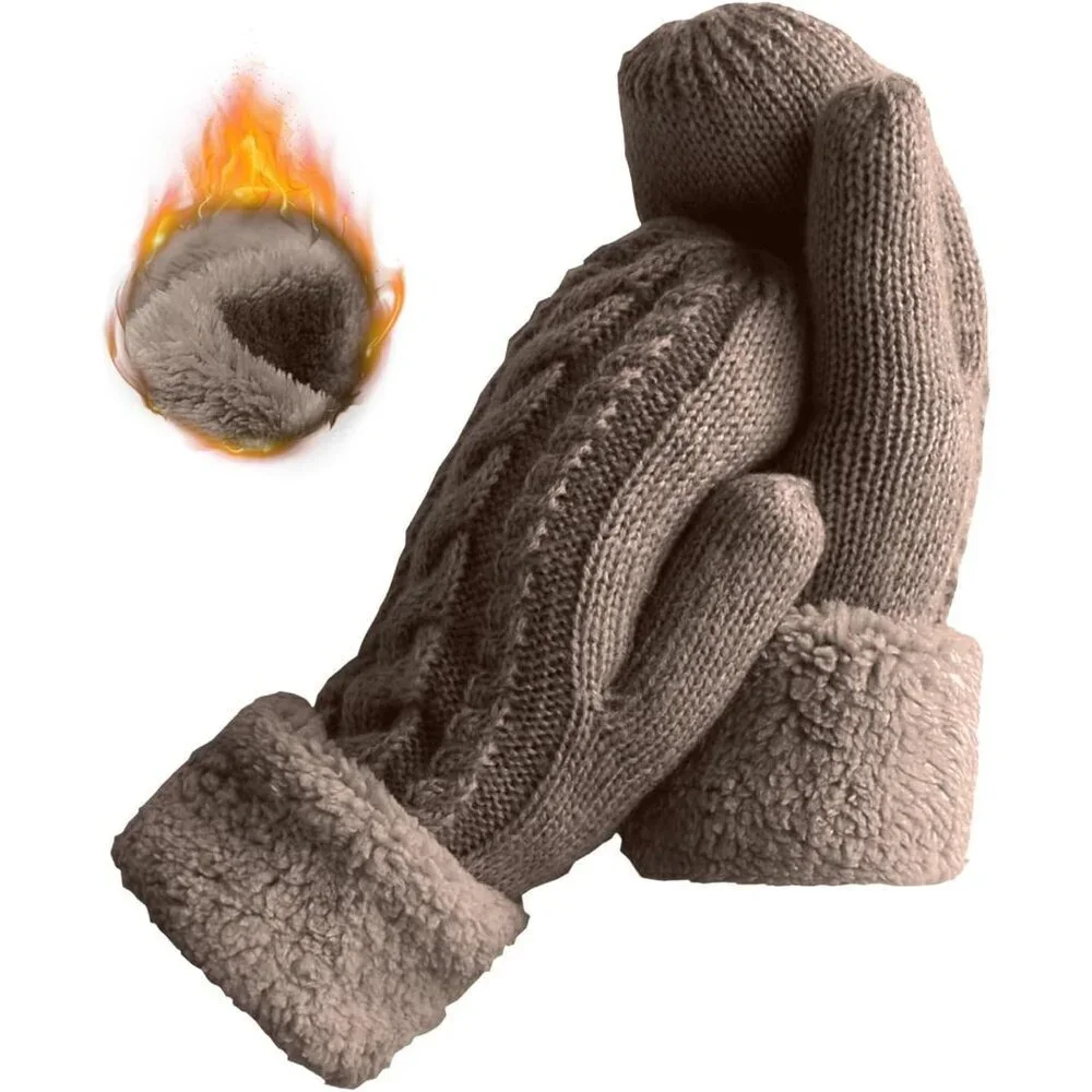 Women's Brown Winter Warm Imported Fleece Lining Cozy Wool Knit Thick Gloves